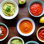 **Image Prompt:** A vibrant table setting showcasing a variety of low-sodium sauces in small, colorful bowls. In the background, various ingredients like fresh lemons, herbs, ripe tomatoes, and avocados are arranged. Focus on natural lighting and a healthy, appetizing aesthetic.