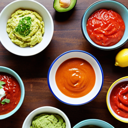 **Image Prompt:** A vibrant table setting showcasing a variety of low-sodium sauces in small, colorful bowls. In the background, various ingredients like fresh lemons, herbs, ripe tomatoes, and avocados are arranged. Focus on natural lighting and a healthy, appetizing aesthetic.