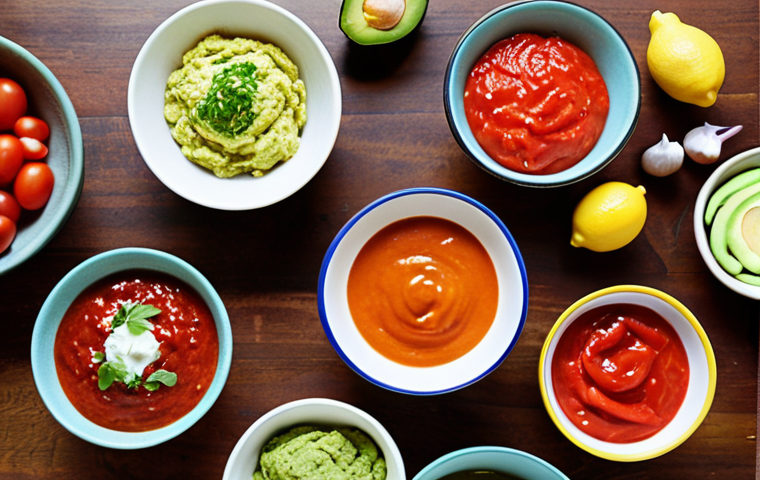 **Image Prompt:** A vibrant table setting showcasing a variety of low-sodium sauces in small, colorful bowls. In the background, various ingredients like fresh lemons, herbs, ripe tomatoes, and avocados are arranged. Focus on natural lighting and a healthy, appetizing aesthetic.