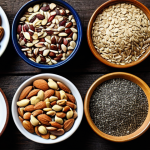 A Colorful Display of Nuts and Seeds**

"A vibrant flat lay photograph showcasing a variety of nuts and seeds: almonds, walnuts, chia seeds, and flax seeds. The nuts and seeds are arranged artfully on a rustic wooden table, with scattered fresh fruits like apples and bananas.  Bright, natural lighting. Focus on showcasing the textures and colors of the different nuts and seeds. 'Healthy eating,' 'nutritious snacks' concept. safe for work, appropriate content, fully clothed, professional, modest, family-friendly, perfect anatomy, natural proportions, professional photography, high quality."

**