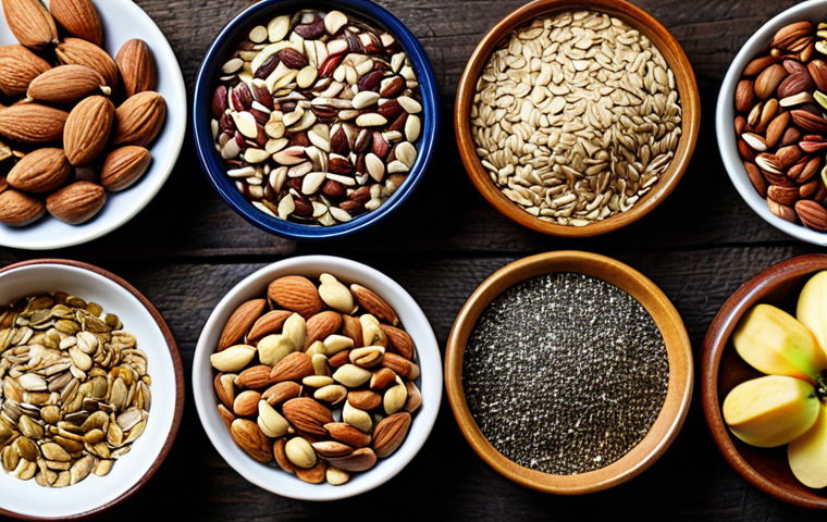 A Colorful Display of Nuts and Seeds**

"A vibrant flat lay photograph showcasing a variety of nuts and seeds: almonds, walnuts, chia seeds, and flax seeds. The nuts and seeds are arranged artfully on a rustic wooden table, with scattered fresh fruits like apples and bananas.  Bright, natural lighting. Focus on showcasing the textures and colors of the different nuts and seeds. 'Healthy eating,' 'nutritious snacks' concept. safe for work, appropriate content, fully clothed, professional, modest, family-friendly, perfect anatomy, natural proportions, professional photography, high quality."

**