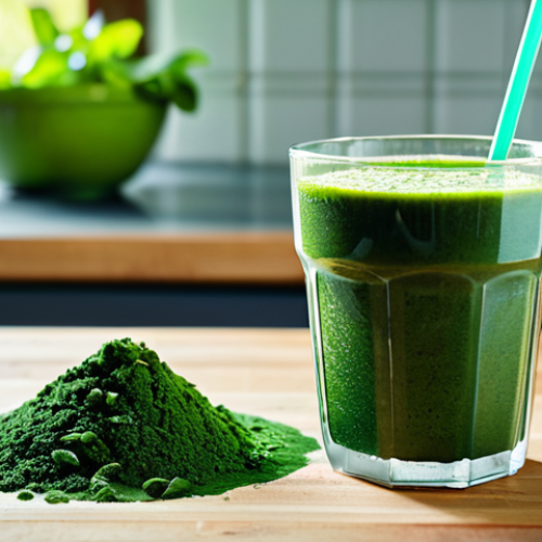 Spirulina Focused**

"A vibrant close-up shot of spirulina powder being mixed into a healthy green smoothie, showcasing its rich, deep-green color. The setting is a bright, modern kitchen with natural sunlight. The smoothie is garnished with fresh mint leaves. Depict a sense of healthy living and natural nutrition. Safe for work, appropriate content, fully clothed, professional, family-friendly, perfect anatomy, correct proportions, natural pose, high quality."

**