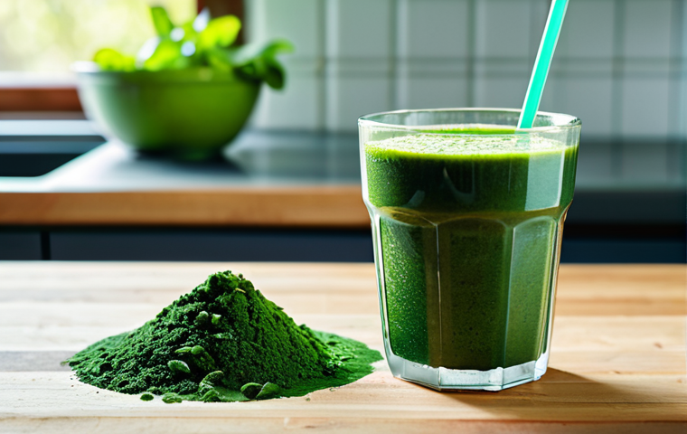 Spirulina Focused**

"A vibrant close-up shot of spirulina powder being mixed into a healthy green smoothie, showcasing its rich, deep-green color. The setting is a bright, modern kitchen with natural sunlight. The smoothie is garnished with fresh mint leaves. Depict a sense of healthy living and natural nutrition. Safe for work, appropriate content, fully clothed, professional, family-friendly, perfect anatomy, correct proportions, natural pose, high quality."

**